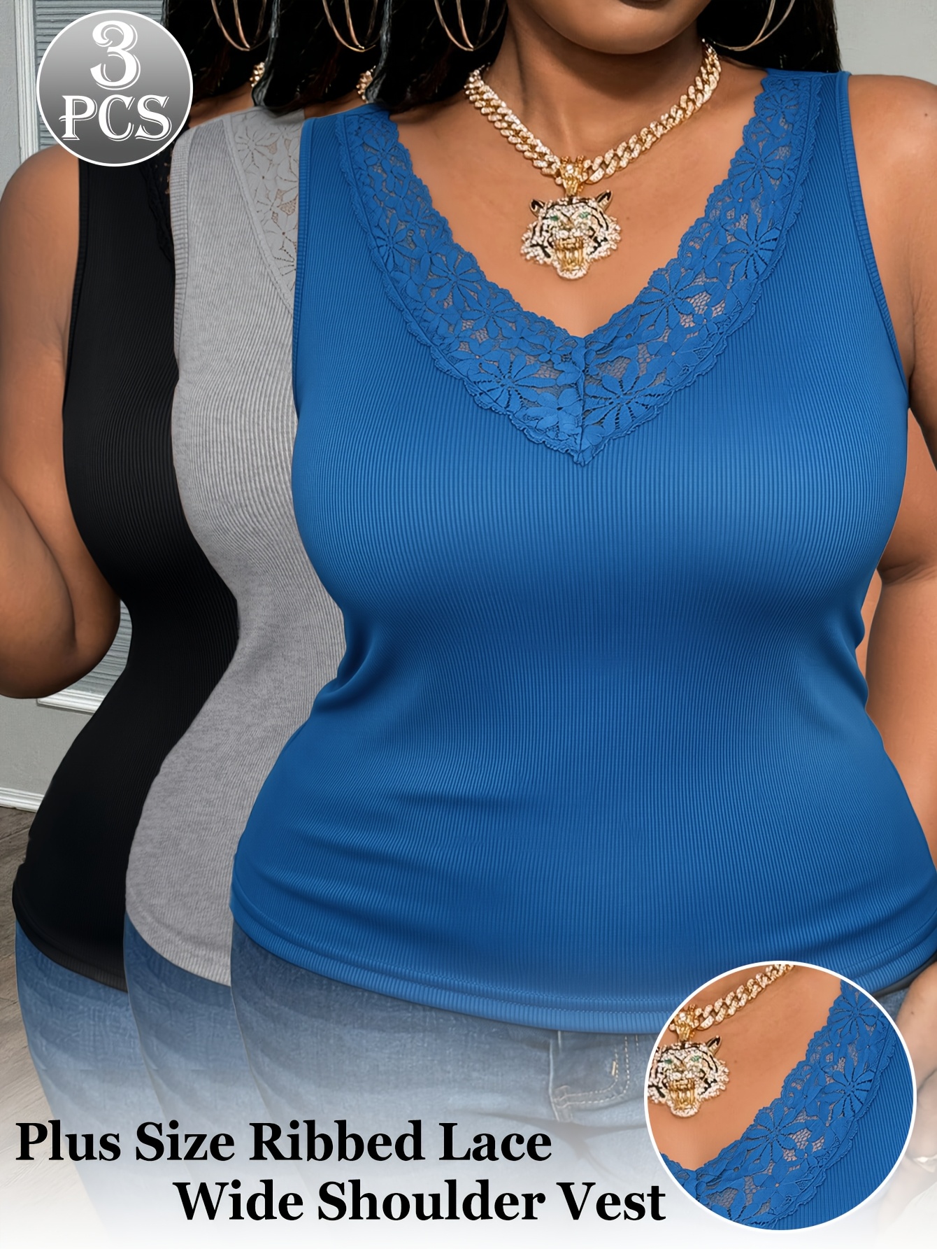 3-Pack Plus Size Lace V-Neck V - Sleeveless Undershirt 리뷰 및 가격